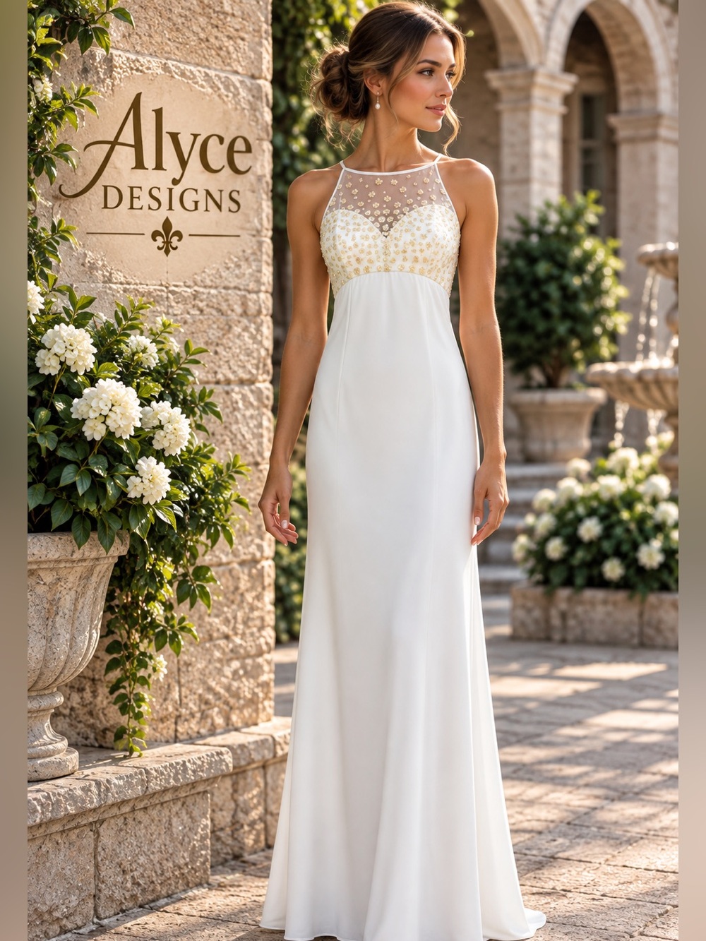 Alyce Designs Illusion Sequin VTG Gown Open Back Made USA Wedding Dress Size 4